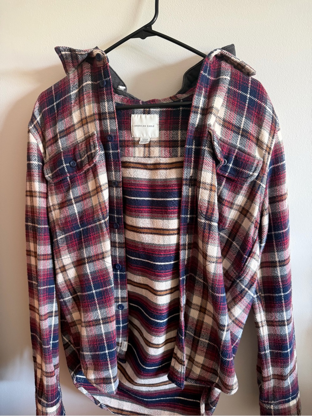 American Eagle Red & Navy Plaid Button-Up Shirt Jacket